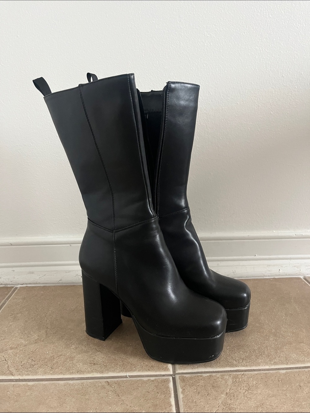 Black Platform Mid-Calf Heeled Boots